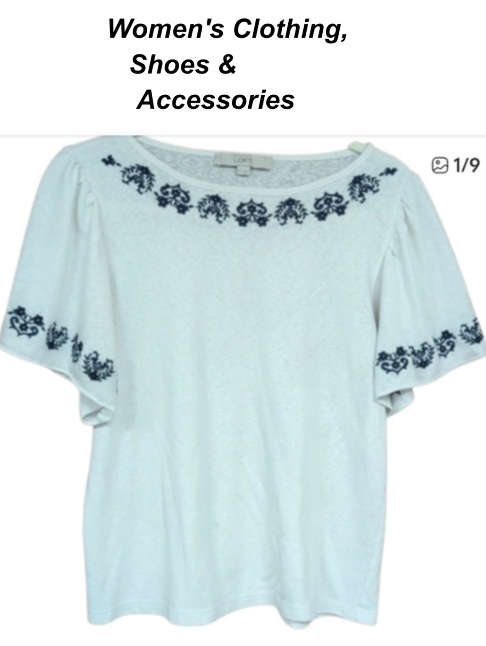 Shirt. Loft. Floral detail around neck and sleeves.Pit To Pit 19. Length 22 In.